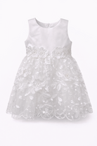 Abito da Battesimo Neonata Bianco 3–24 Mesi – Raso Tulle Ricamato con Fiori, Fiocco Posteriore Cerimonia 6132 Bianco