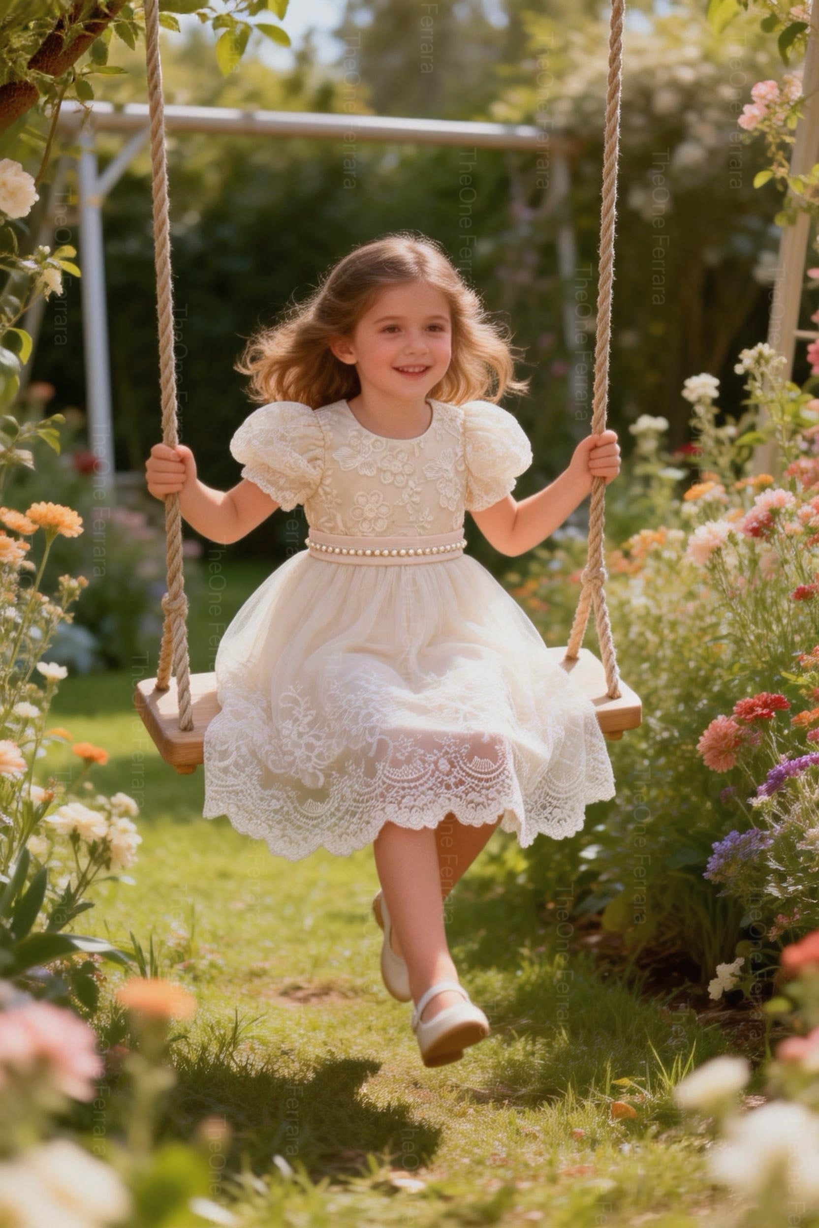 Abito Elegante Bambina in Tulle e Pizzo con Maniche a Sbuffo e Cintura di Perle – Cerimonia 2-12 Anni 815