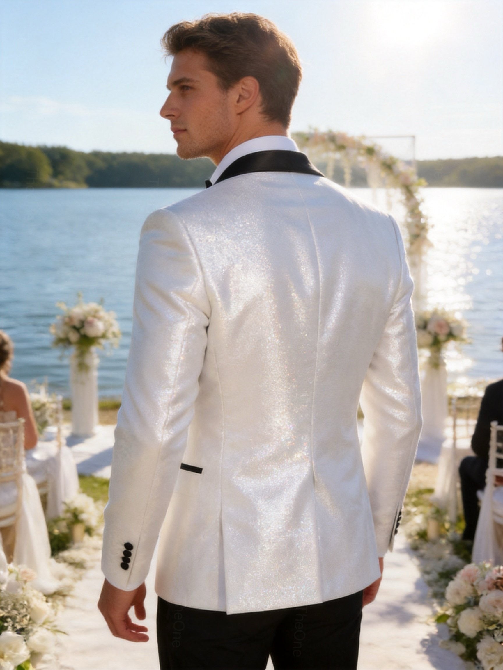 Abito Uomo Cerimonia Bianco Brillantinato Slim Fit con Rever in Raso 2 Pezzi