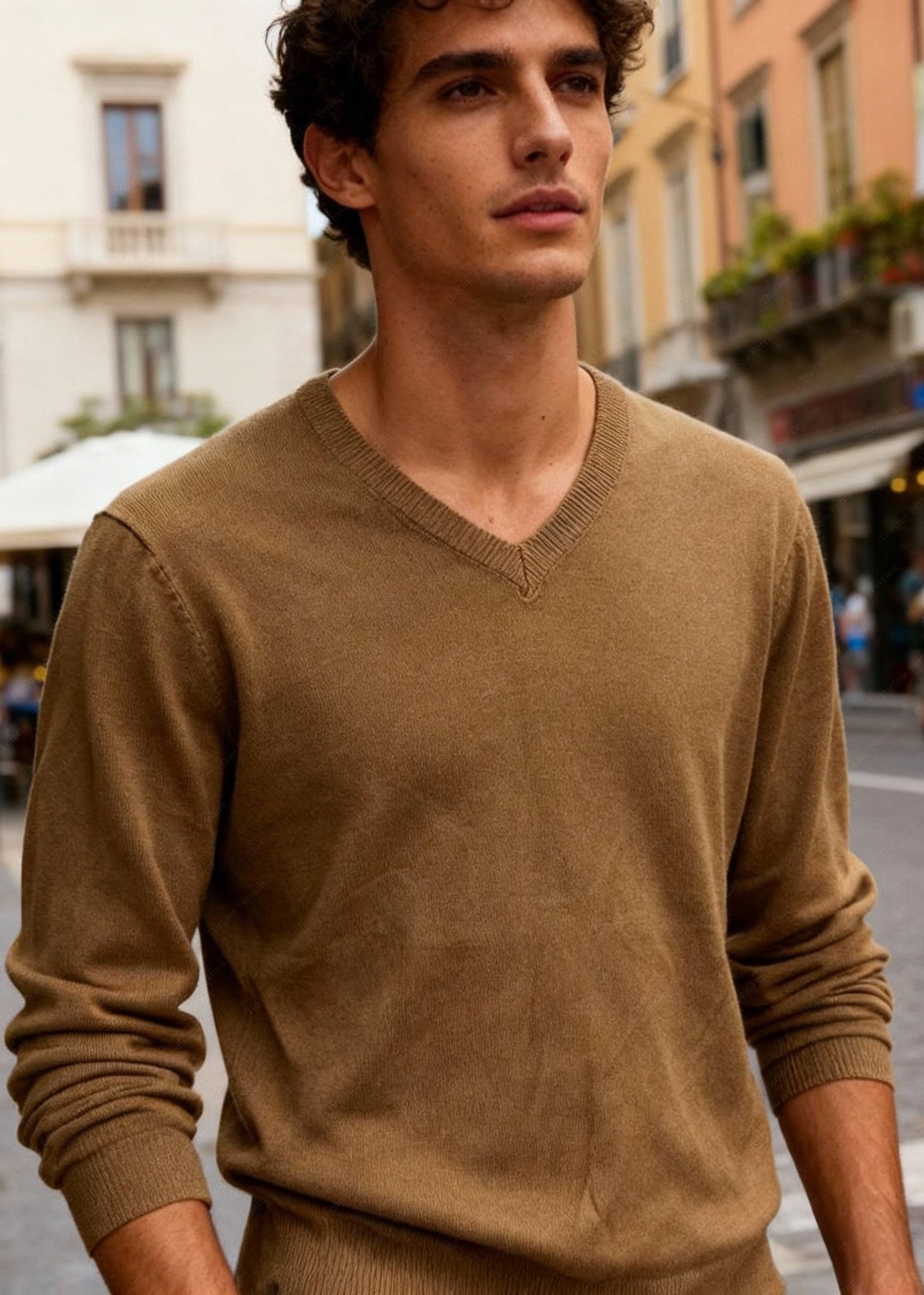 Maglione Uomo Scollo a V in Viscosa - Pullover Elasticizzato Elegante 35607 apricot