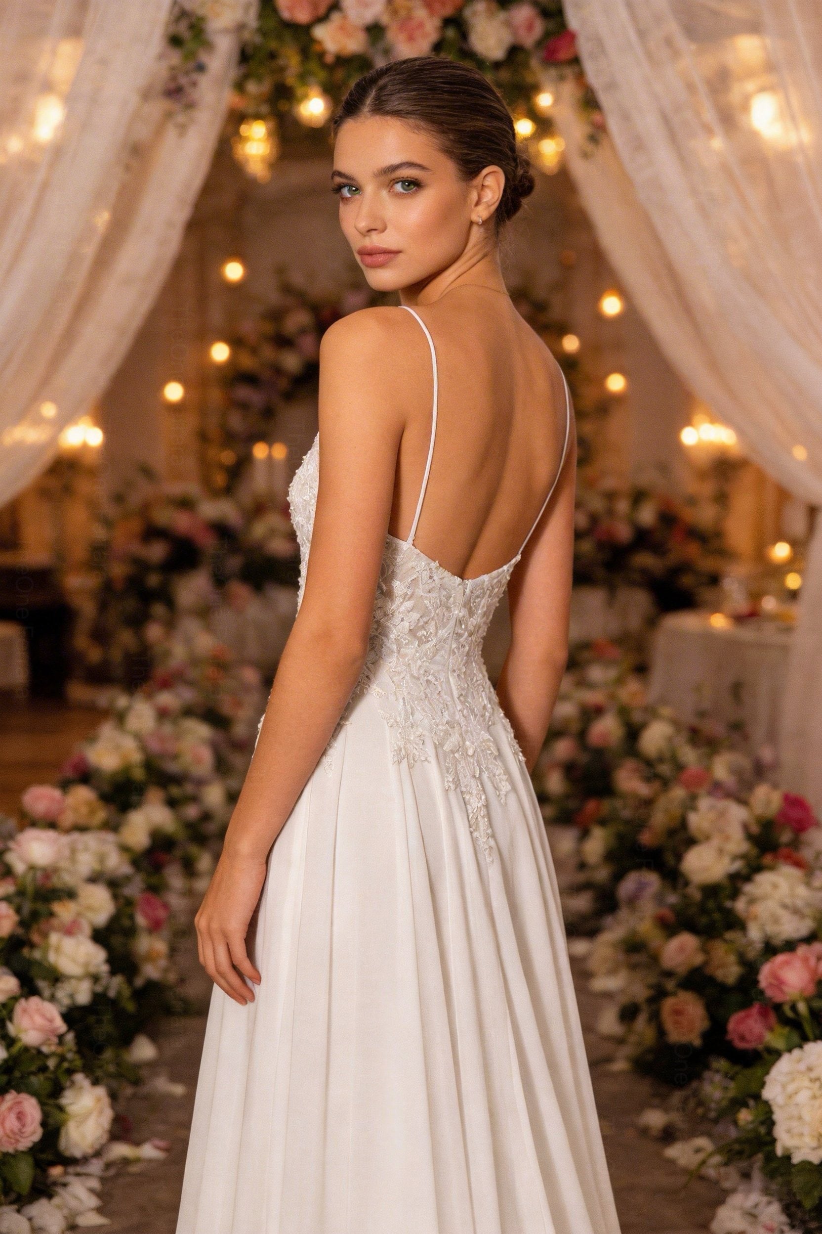 Abito da Sposa A-Line in Chiffon con Pizzo 3D e Scollo Profondo – Spalline Sottili, Effetto Corsetto, Colore Avorio Naturale 879001