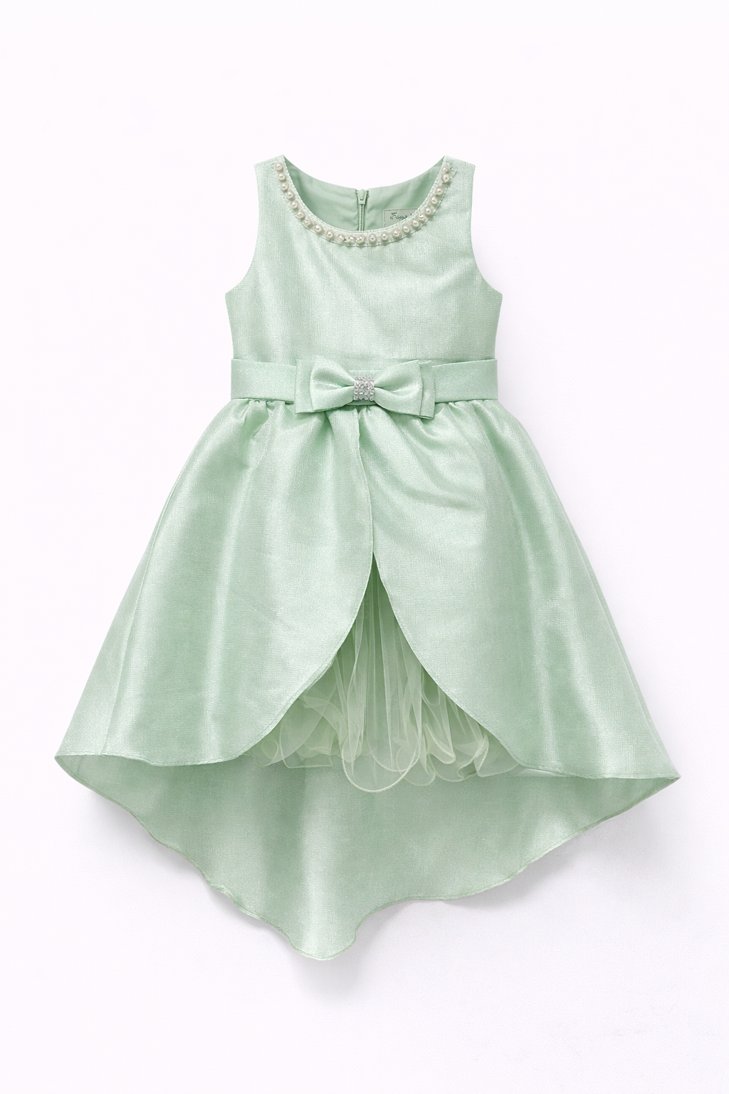 Abito da Cerimonia Bambina in Raso con Gonna in Tulle e Fiocco – Scollo Perle 2-12 Anni 750 verde salvia