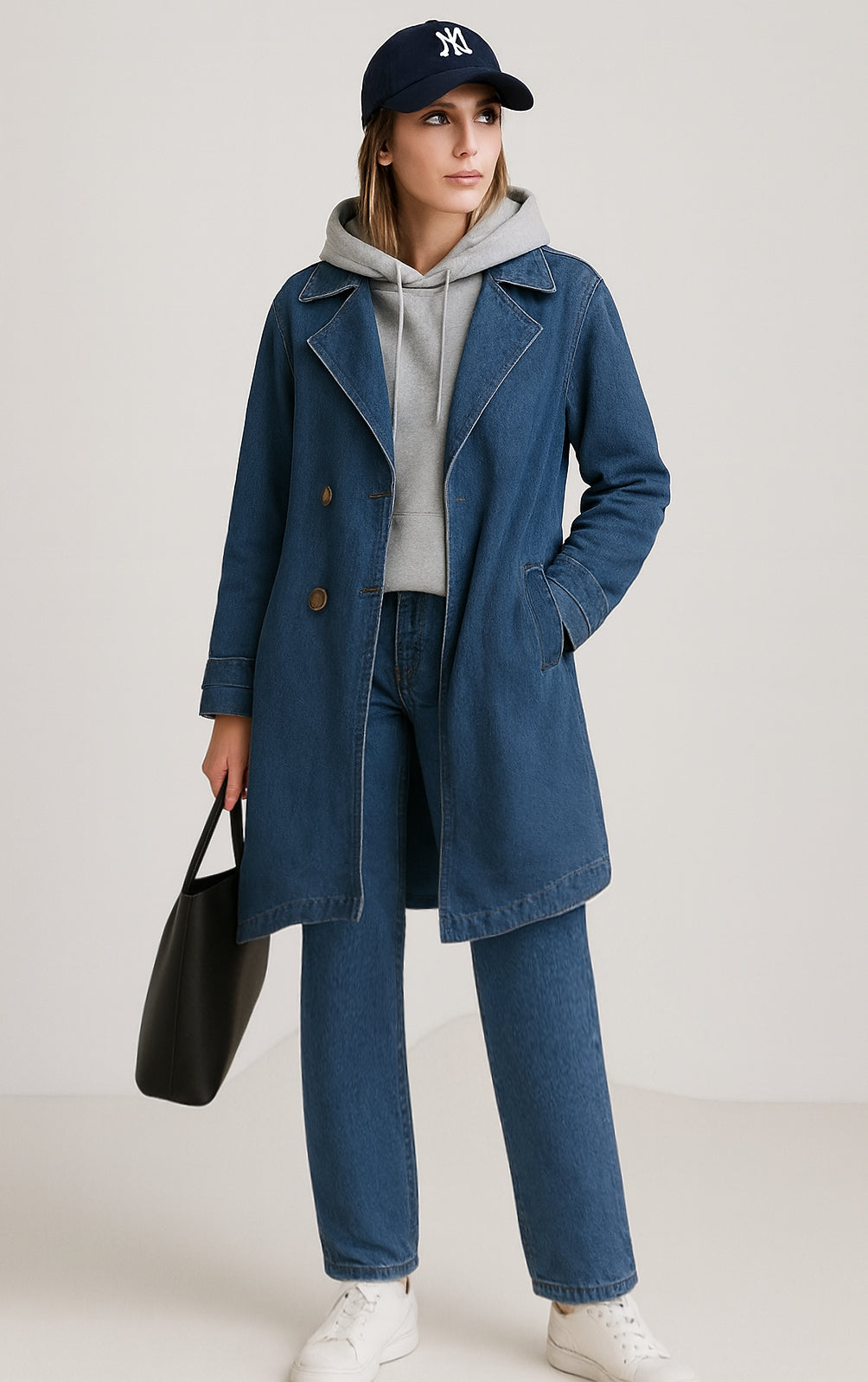Trench in Denim da Donna con Cintura | Doppiopetto Elegante -1668