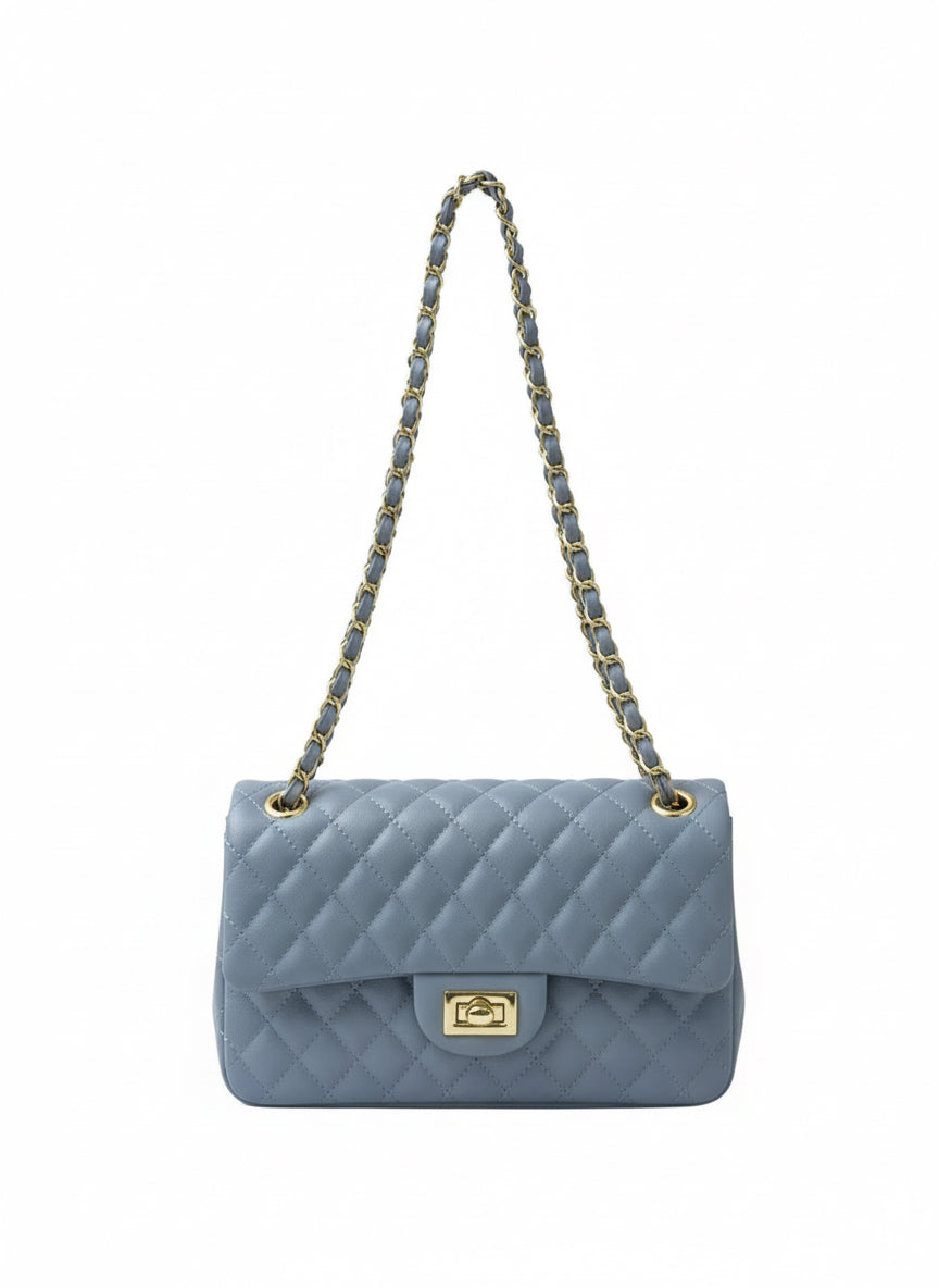 Borsa Donna Trapuntata a Spalla con Catena – Stile Italiano Elegante 9887, 27×8X16 cm l.blue