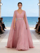 Abito Elegante Lungo in Chiffon con Mantella e Ricami Rosa S