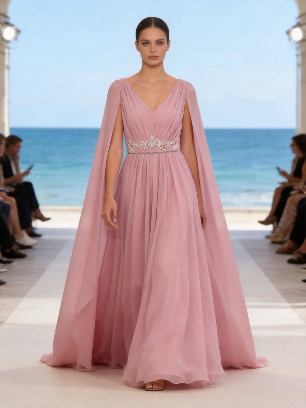 Abito Elegante Lungo in Chiffon con Mantella e Ricami Rosa S