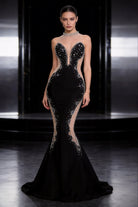 Abito da Sera Nero Sirena con Cristalli – Vestito Elegante Lusso da Gala 618001