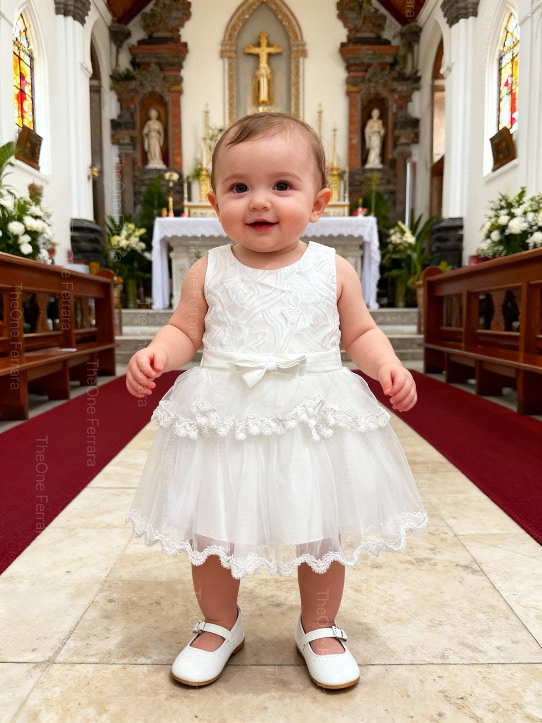Abito da Battesimo Neonata Bianco 6–36 Mesi – Pizzo Ricamato e Tulle a Strati con Fiocco Cerimonia Chiesa 21086