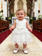 Abito da Battesimo Neonata Bianco 6–36 Mesi – Pizzo Ricamato e Tulle a Strati con Fiocco Cerimonia Chiesa 21086