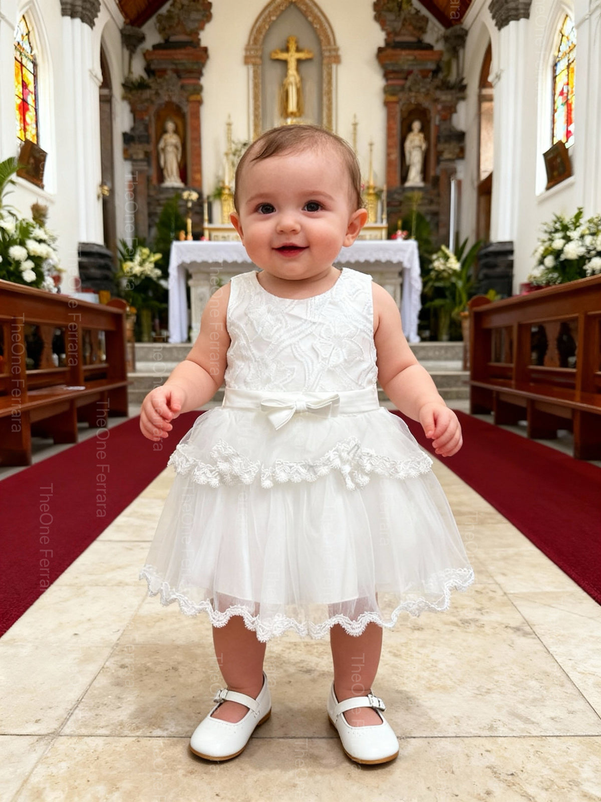 Abito da Battesimo Neonata Bianco 6–36 Mesi – Pizzo Ricamato e Tulle a Strati con Fiocco Cerimonia Chiesa 21086
