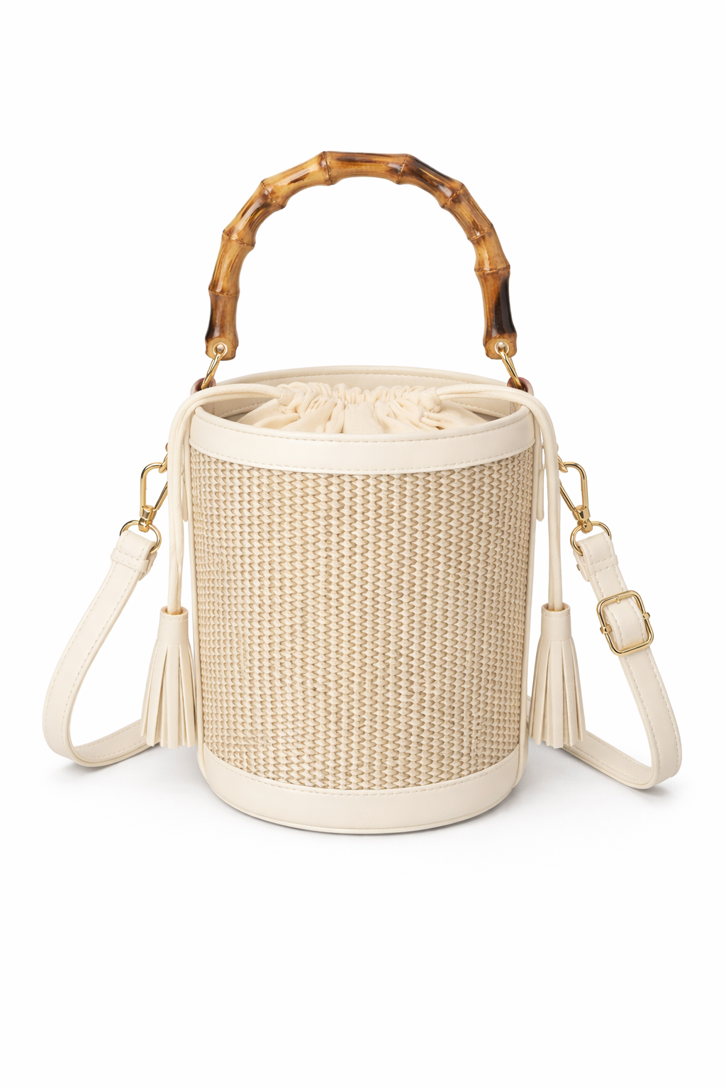 Borsa Secchiello Donna in Paglia con Manico Bamboo – Mini Borsa Estiva 18cm con Tracolla Beige 15X15X18cm