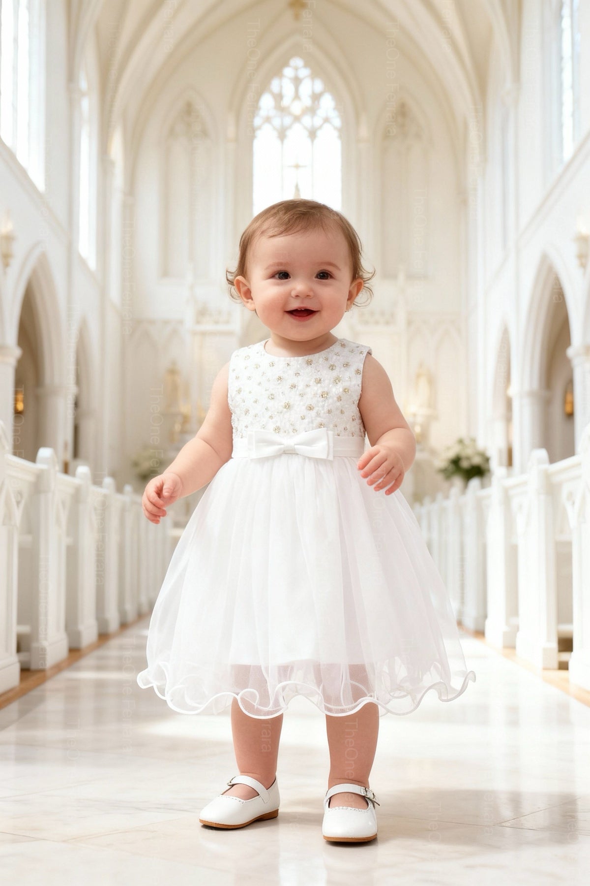 Abito Battesimo Neonata 6–36 Mesi Bianco Tulle con Fiocco-6662