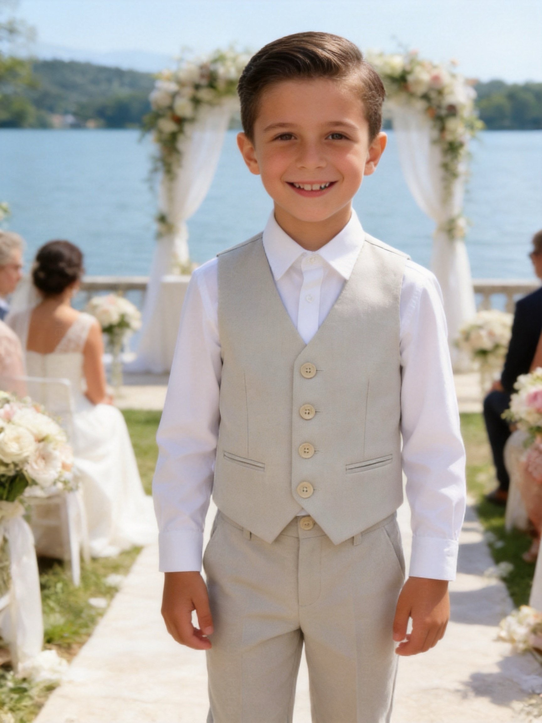 Completo Elegante Bambino Beige 5 Pezzi con Giacca Gilet Pantaloni Camicia e Papillony