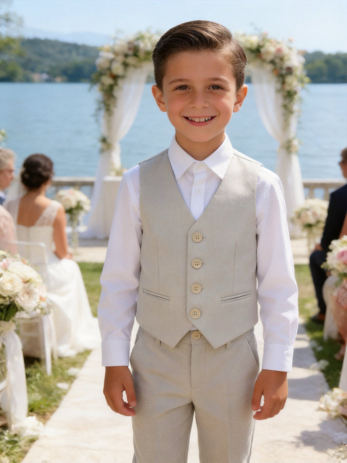 Completo Elegante Bambino Beige 5 Pezzi con Giacca Gilet Pantaloni Camicia e Papillony