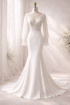 Abito da Sposa Sirena con Maniche Lunghe in Pizzo Ricamato – Scollo Profondo a V, Schiena Scoperta con Bottoni, Stile Boho Elegante 817053
