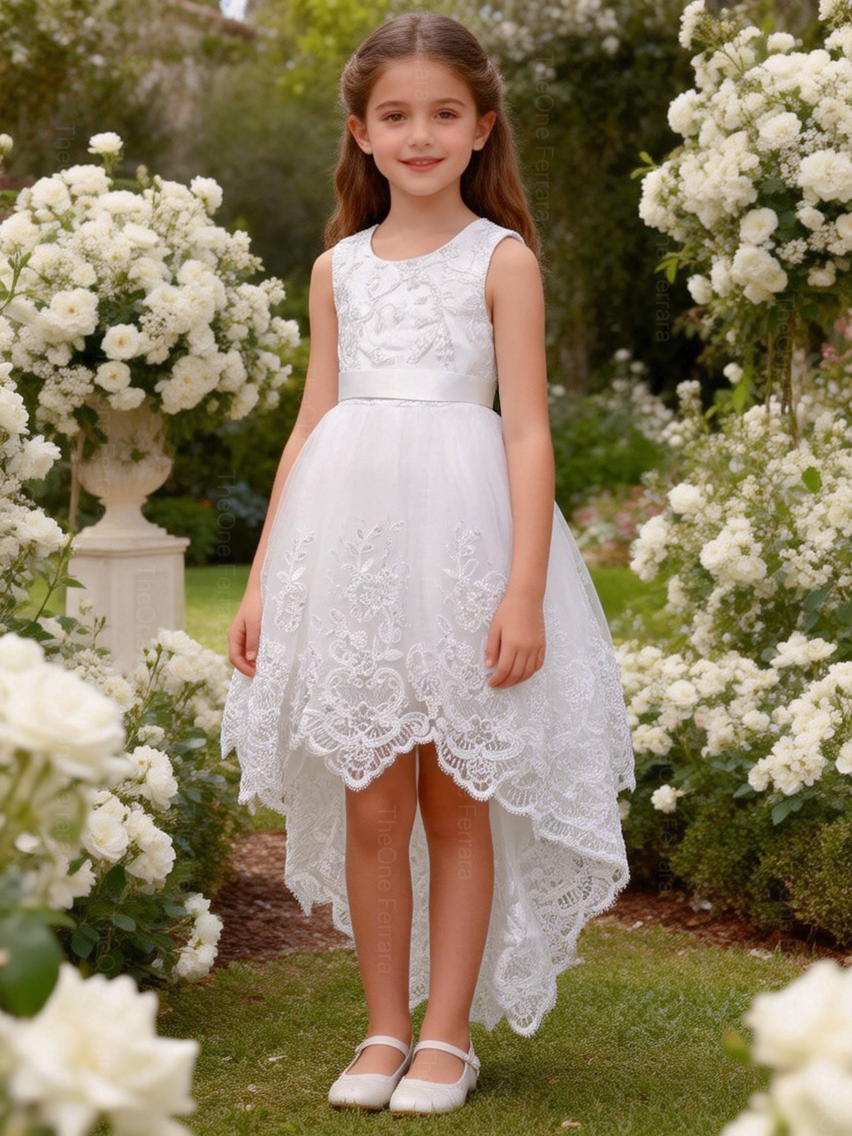 Abito da Cerimonia Bambina Bianco per Battesimo, Comunione e Matrimonio – Pizzo & Tulle, Fiocco, Orlo Asimmetrico (2-16Anni) 9691-TheOne Ferrara