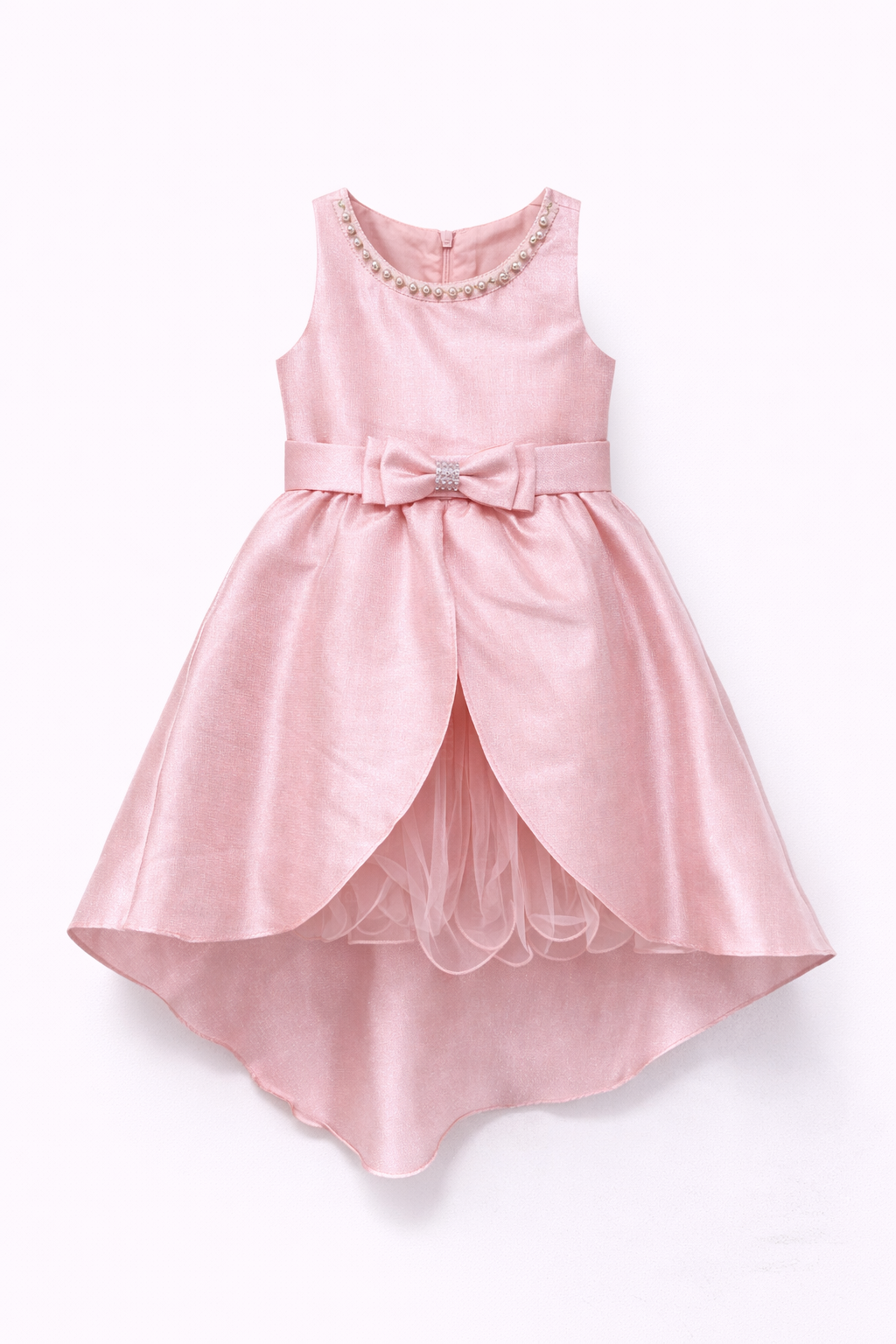 Abito da Cerimonia Bambina in Raso con Gonna in Tulle e Fiocco – Scollo Perle 2-12 Anni 750 Rosa