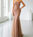 Abito da Sera Champagne con Paillettes – Vestito Lungo Sirena Elegante Senza Spalline 517039