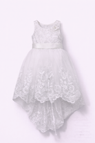 Abito da Cerimonia Bambina Bianco per Battesimo, Comunione e Matrimonio – Pizzo & Tulle, Fiocco, Orlo Asimmetrico (2-16Anni) 9691-TheOne Ferrara