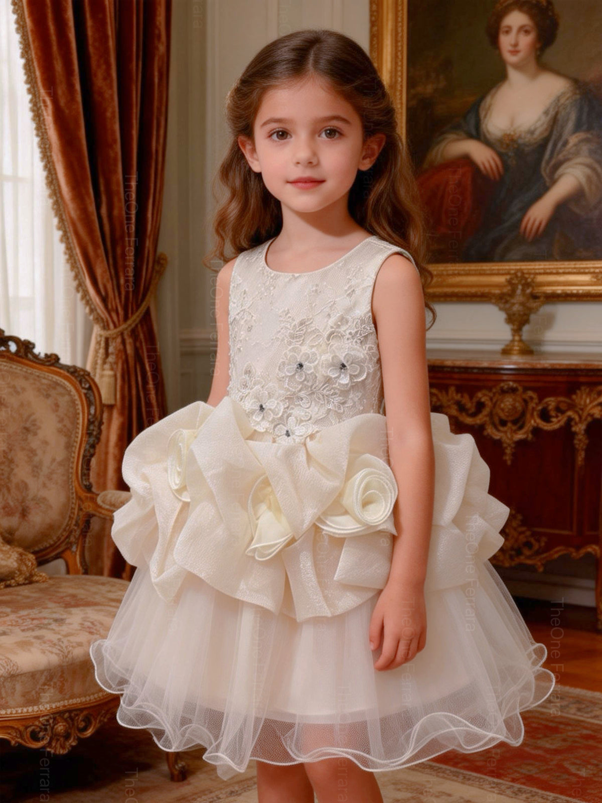 Abito da Cerimonia Bambina Avorio con Pizzo 3D e Maxi Fiori in Organza – Gonna in Tulle 8519 Champagne 2Anni