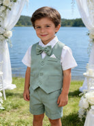 Completo Elegante Bambino Estivo 4 Pezzi con Pantaloncini Abito Cerimonia Matrimonio 1-8 Anni verde salvia