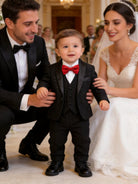 Completo Elegante Bambino 5 Pezzi Smoking Nero Glitter con Papillon Rosso
