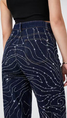 Jeans Donna a Vita Alta con Decorazioni Luminose – Linee Puntinate Brillanti, Gamba Dritta, Stile Urban – Mod. 1080-TheOne