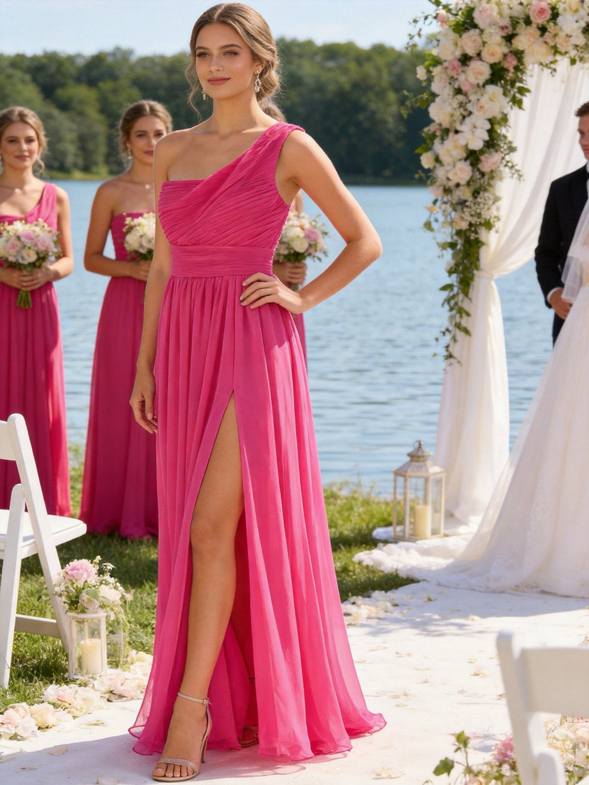 Abito Damigella Monospalla in Chiffon con Spacco Laterale