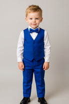 Completo Cerimonia Bambino 5 Pezzi – Abito Elegante Blu Reale con Giacca, Gilet, Camicia, Pantaloni e Papillon 4-14Anni A09 TheOne