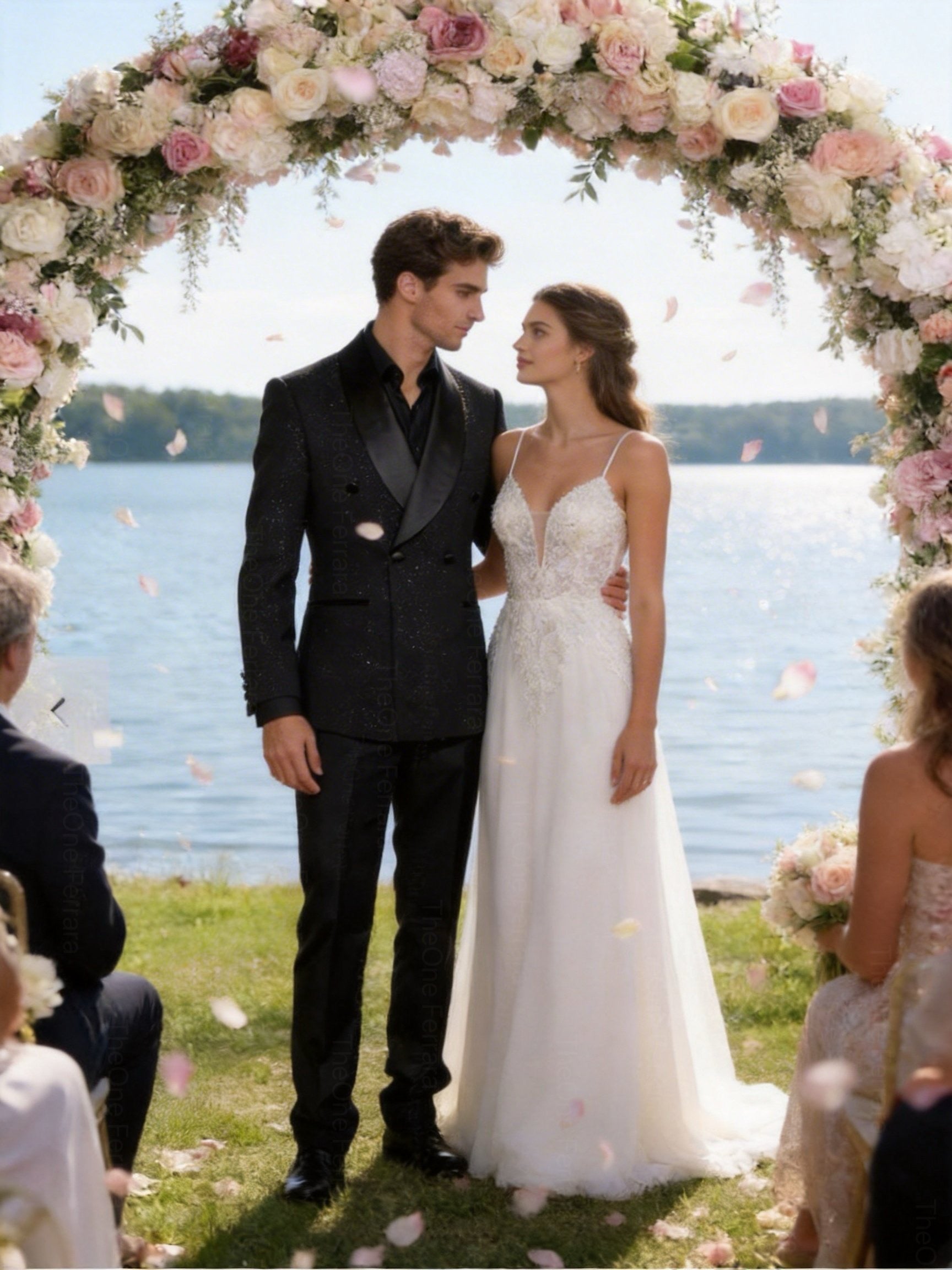 Abito da Sposa A-Line in Chiffon con Pizzo 3D e Scollo Profondo – Spalline Sottili, Effetto Corsetto, Colore Avorio Naturale 879001