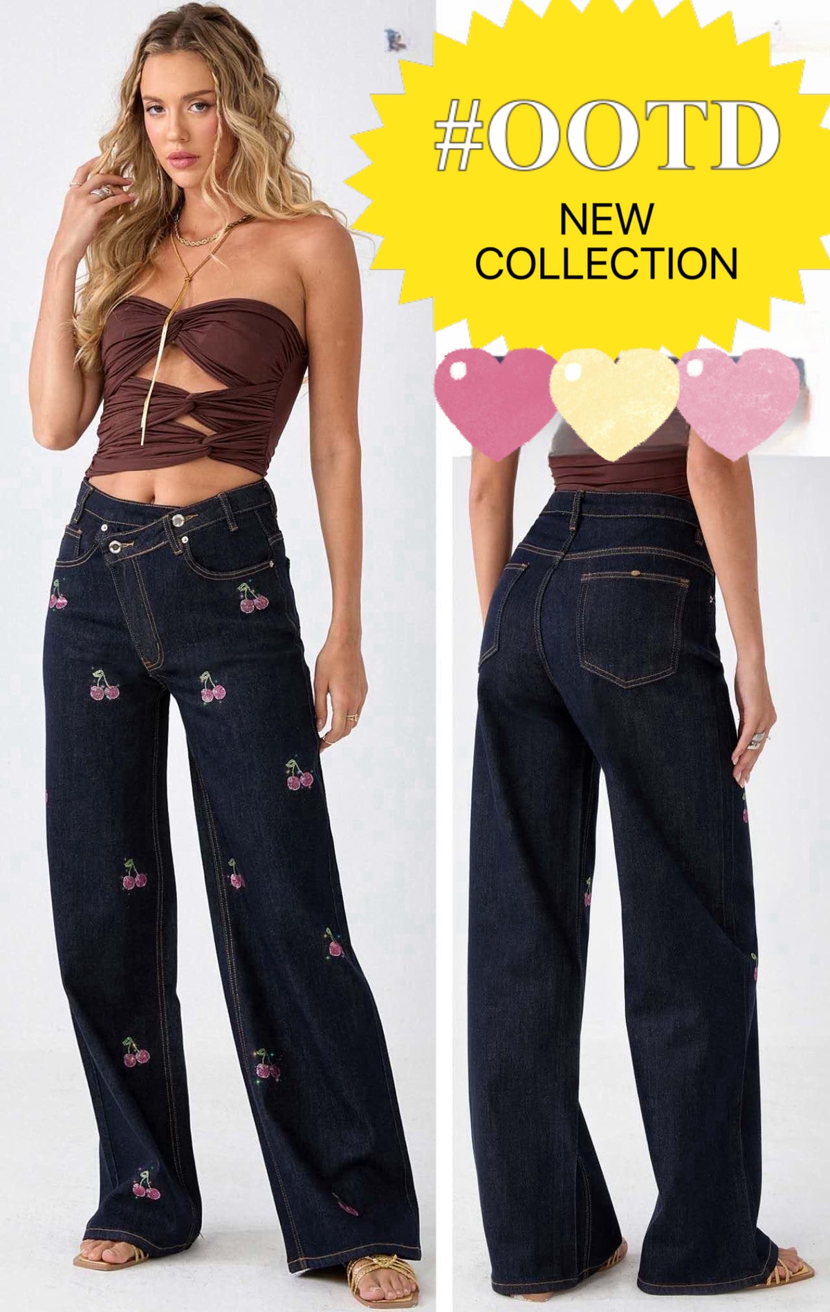 Jeans Donna a Gamba Larga con Ricamo Ciliegie – Vita Media, Stile Vintage Mod. V5110-TheOne XS