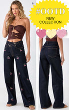 Jeans Donna a Gamba Larga con Ricamo Ciliegie – Vita Media, Stile Vintage Mod. V5110-TheOne XS