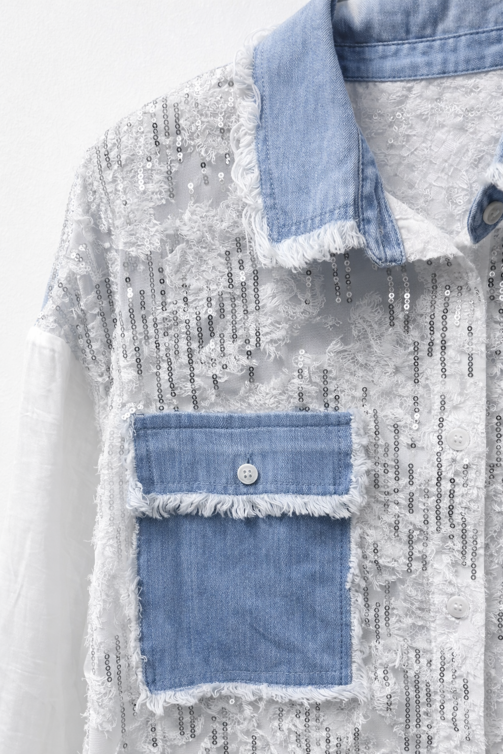 Camicia Donna Leggera con Paillettes e Inserti Denim Trasparente Elegante Estiva 5090
