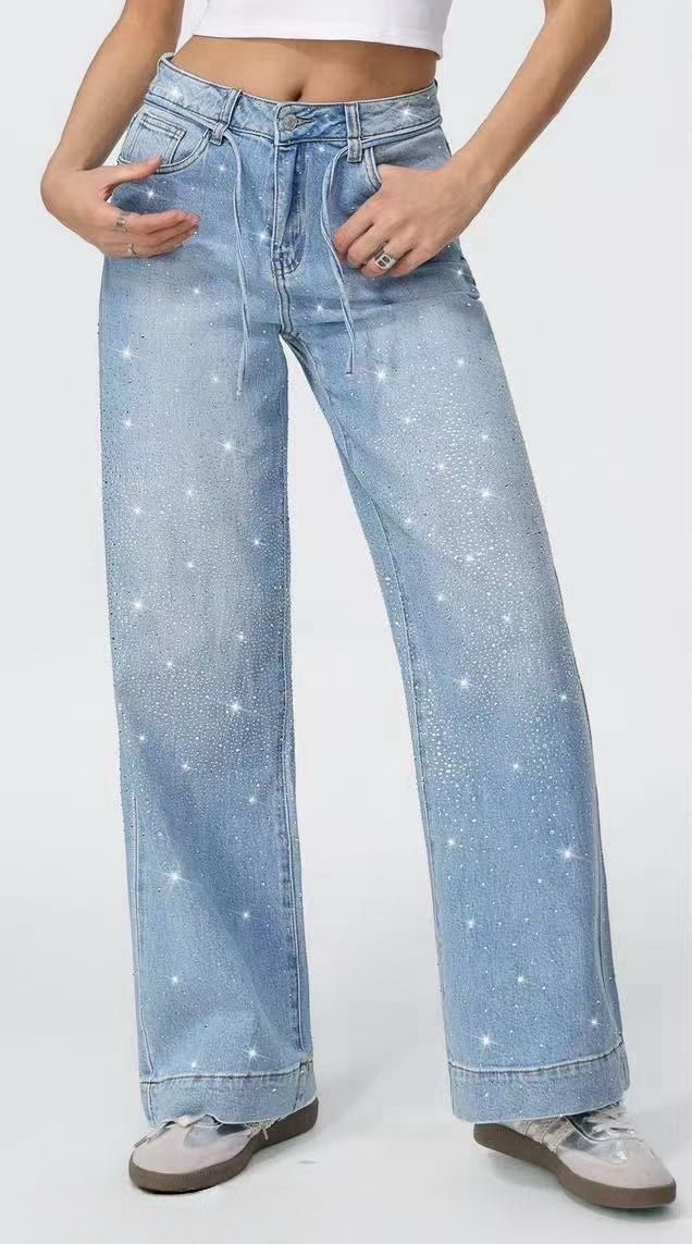 Jeans Donna Wide Leg con Strass – Denim Brillante Vita Alta 2208 Denim Blue
