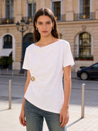 Top Donna Drappeggiato in Cotone – T-Shirt Elegante con Dettaglio Oro 66294