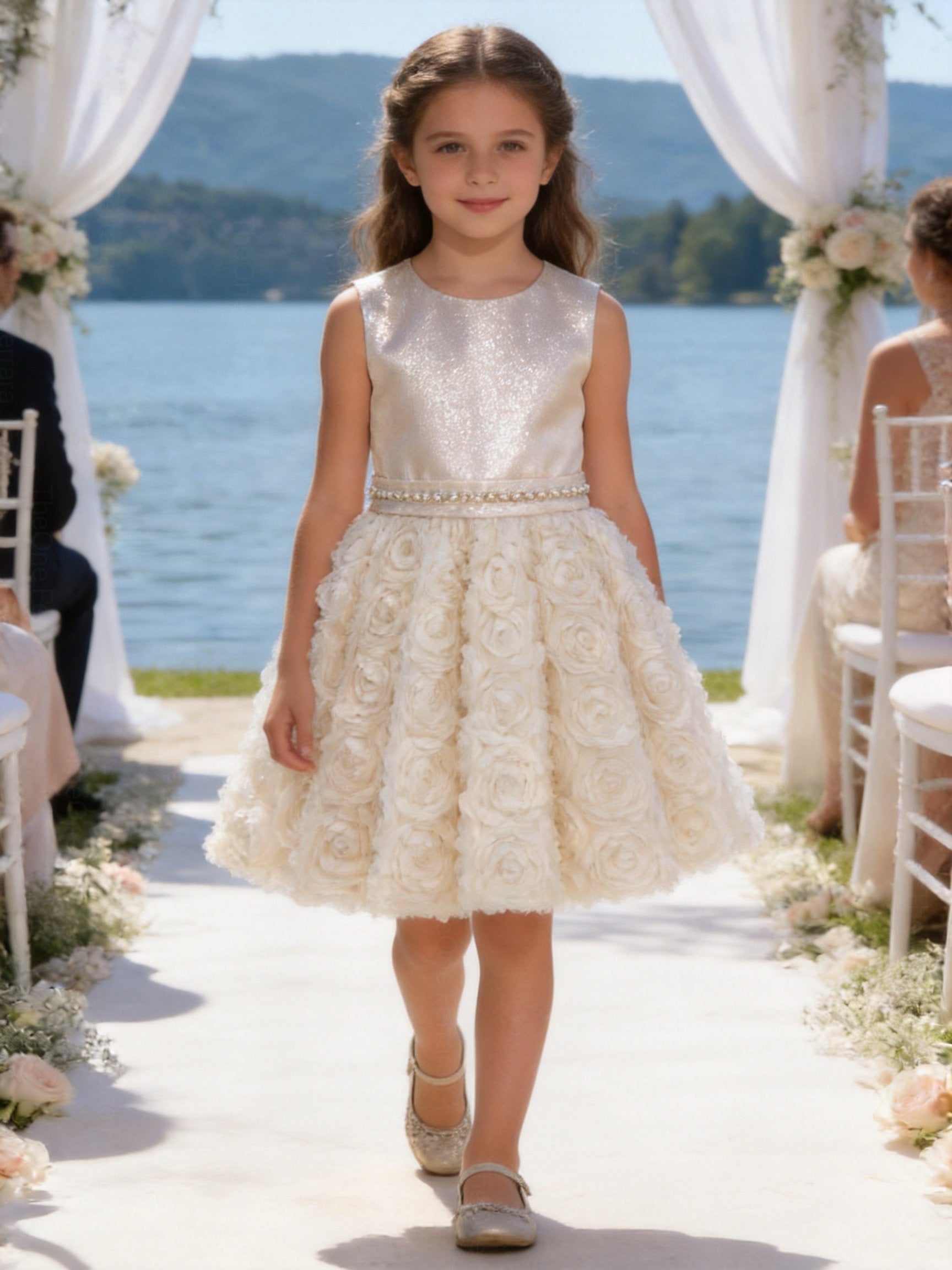 Abito Elegante Bambina 2-12 Anni – Vestito Cerimonia con Gonna 3D Floreale per Matrimonio e Comunione