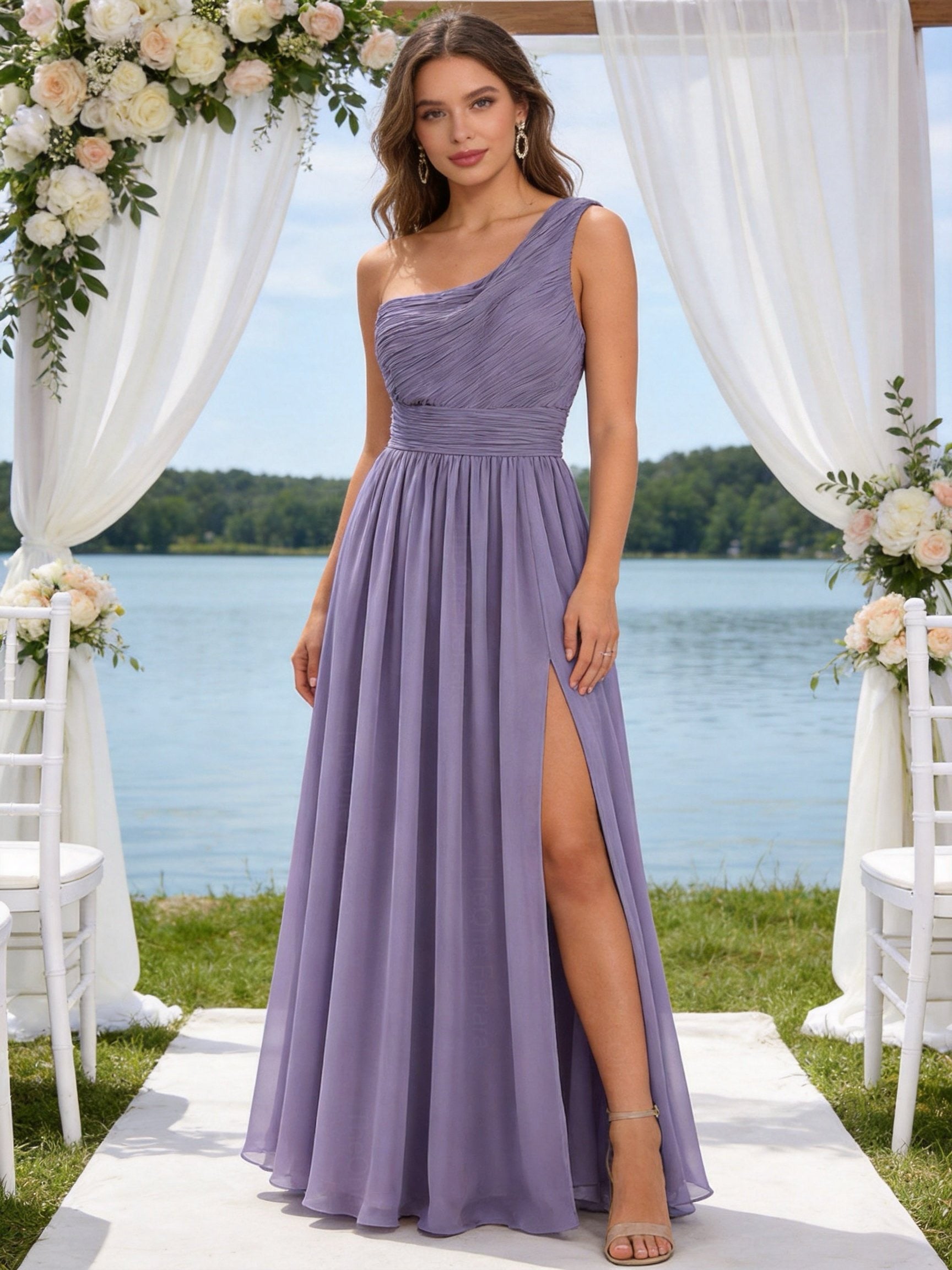 Abito Damigella Monospalla in Chiffon con Spacco Laterale Viola - 368