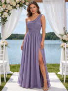 Abito Damigella Monospalla in Chiffon con Spacco Laterale Viola - 368