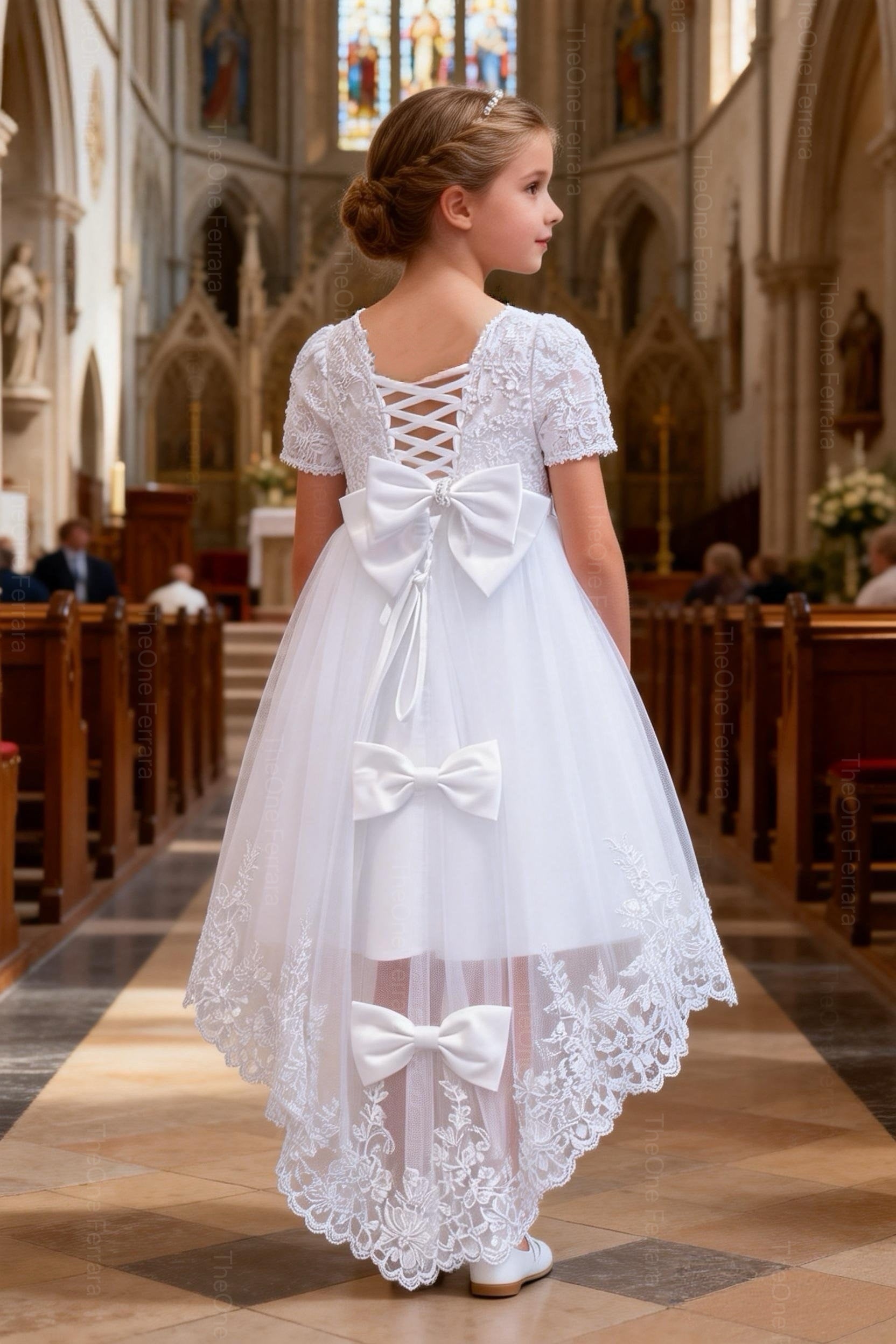 Abito Cerimonia Bambina Bianco in Pizzo e Tulle Comunione, Damigella, Festa 4-14 Anni 3637-TheOne