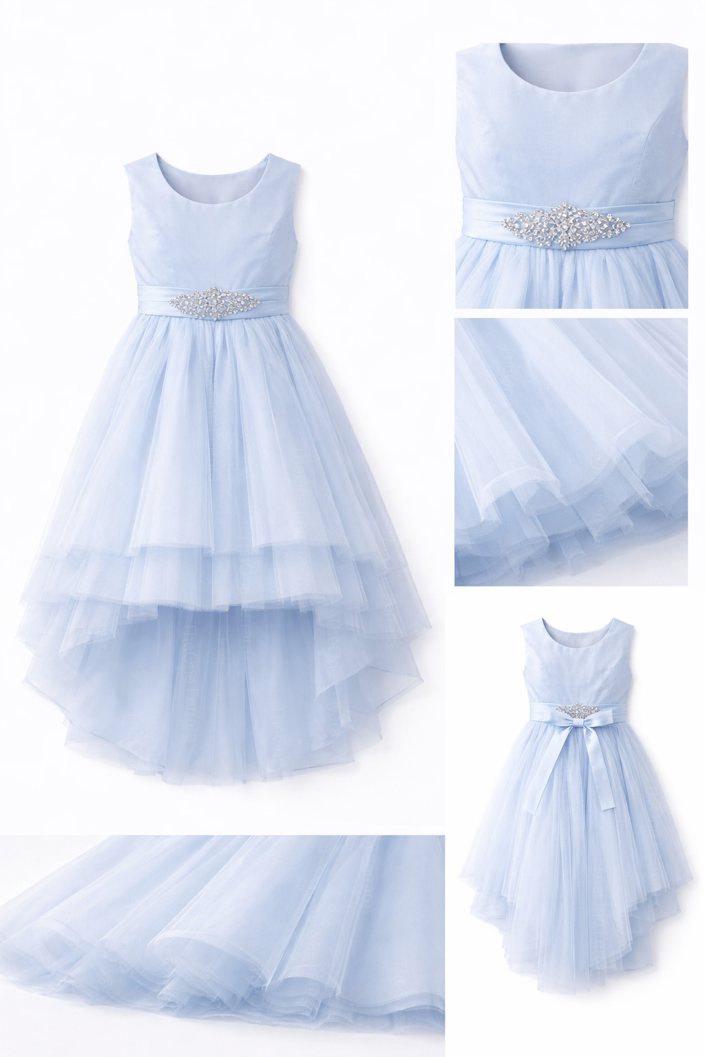 Abito da Cerimonia Bambina Elegante 4-14 Anni – Vestito Damigella in Tulle Multistrato con Cintura Gioiello (Bianco, Champagne, Azzurro) 82535
