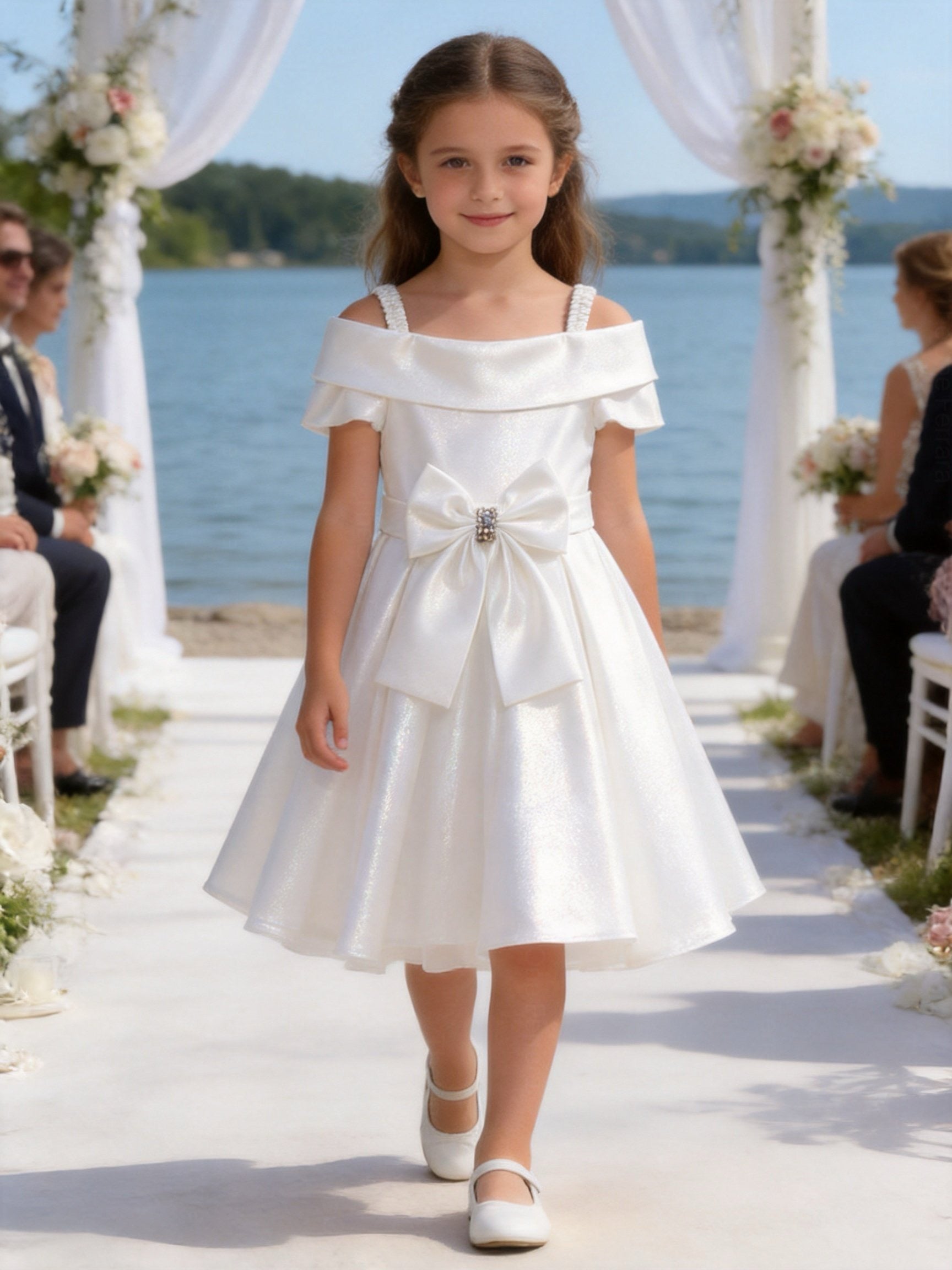 Vestito Bambina Cerimonia Elegante in Taffetà con Fiocco Grande 2-14 Anni Bianco