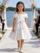 Vestito Bambina Cerimonia Elegante in Taffetà con Fiocco Grande 2-14 Anni Bianco
