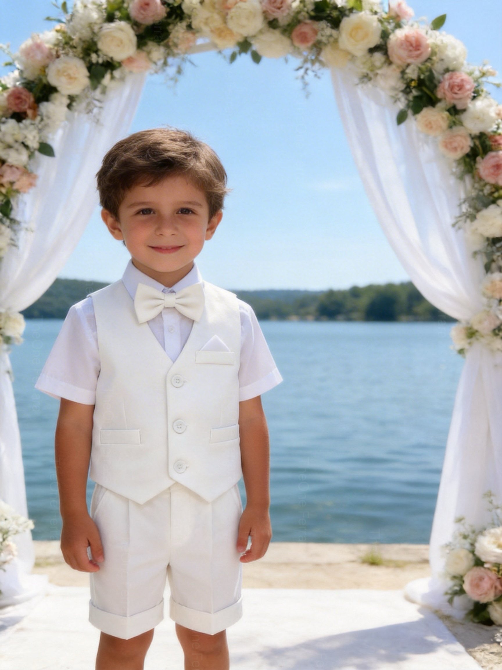 Completo Elegante Bambino Estivo 4 Pezzi con Pantaloncini Abito Cerimonia Matrimonio 1-8 Anni
