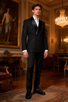 Smoking Uomo Doppiopetto Nero – Rever a Scialle in Raso, Effetto Glitter | Set 2 Pezzi Giacca + Pantaloni-DLC8360-31-TheOne Ferrara