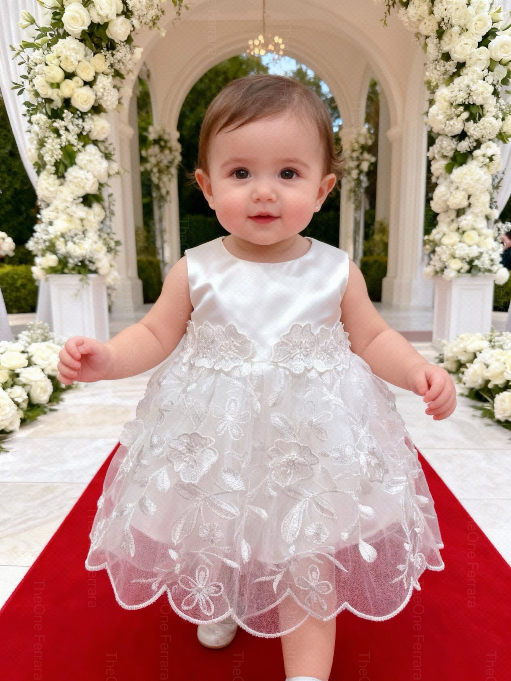 Abito da Battesimo Neonata Bianco 3–24 Mesi – Raso Tulle Ricamato con Fiori, Fiocco Posteriore Cerimonia 6132