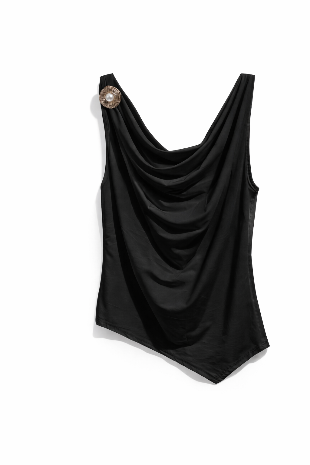 Top Donna Drappeggiato Elegante – Canotta Asimmetrica con Spilla Perla Nero Taglia unica