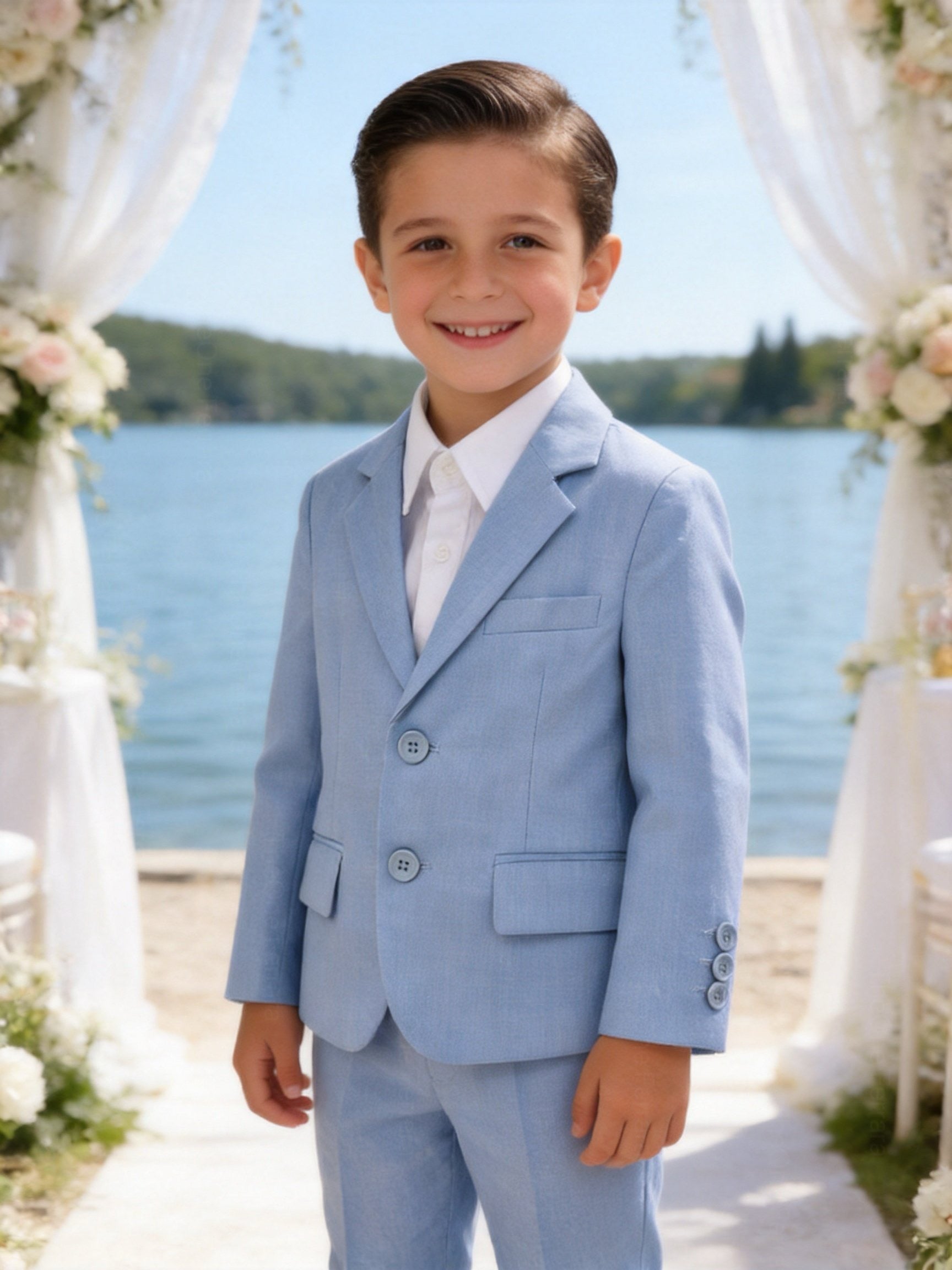Completo Elegante Bambino Celeste 5 Pezzi con Giacca Gilet Pantaloni Camicia e Papillon