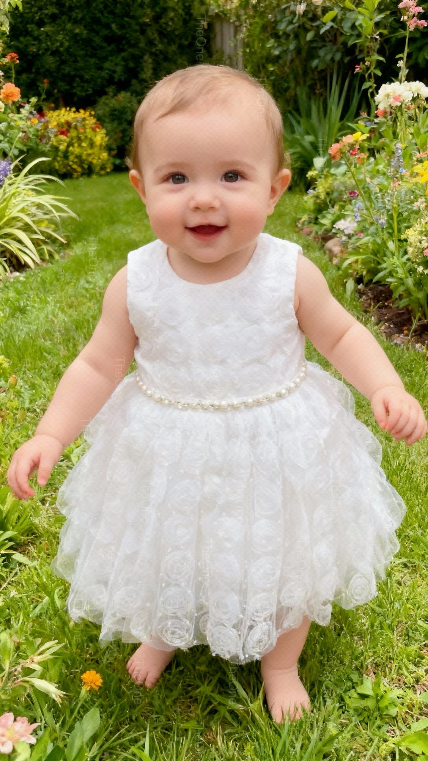 Abito da Battesimo Bambina Bianco 6M–12 Anni – Tulle con Rose 3D e Cintura di Perle | Cerimonia Compleanno 6678 678