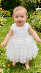 Abito da Battesimo Bambina Bianco 6M–12 Anni – Tulle con Rose 3D e Cintura di Perle | Cerimonia Compleanno 6678 678