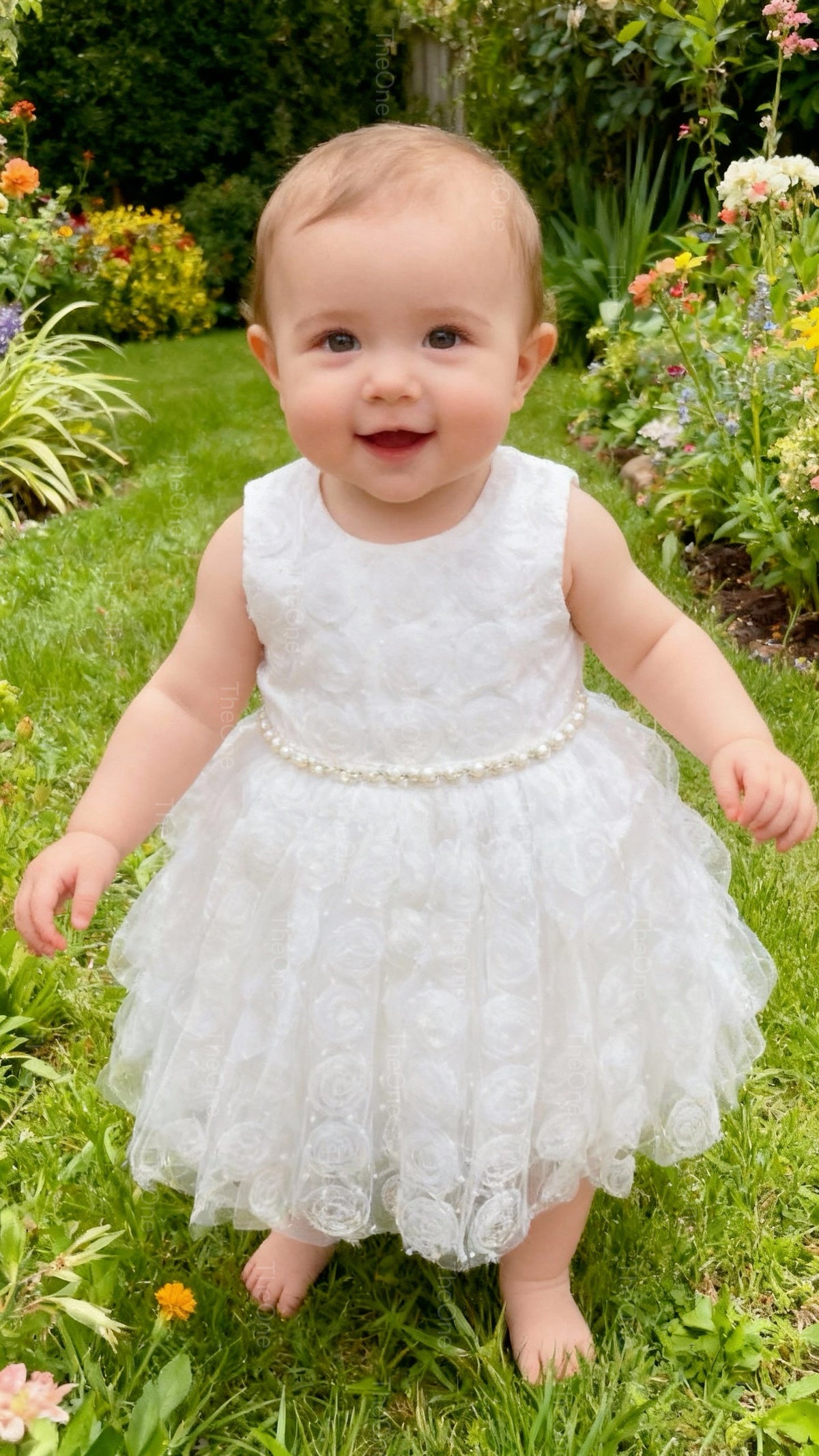 Abito da Battesimo Bambina Bianco 6M–12 Anni – Tulle con Rose 3D e Cintura di Perle | Cerimonia Compleanno 6678 678